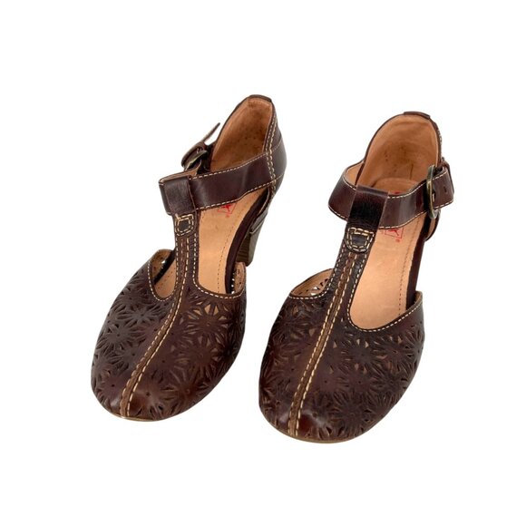 Pikolinos Floral Cutout T-Strap Heels Brown Leather Size 38 EU 7.5-8 US - Picture 5 of 13